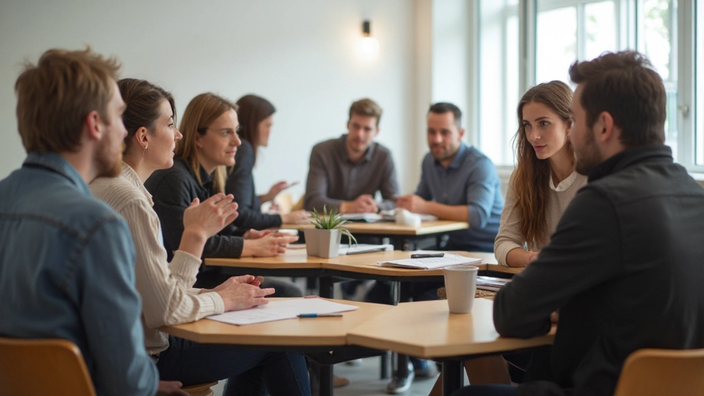 Groep mensen zit in een leerklas en spreekt Nederlands in conversatiegroepen