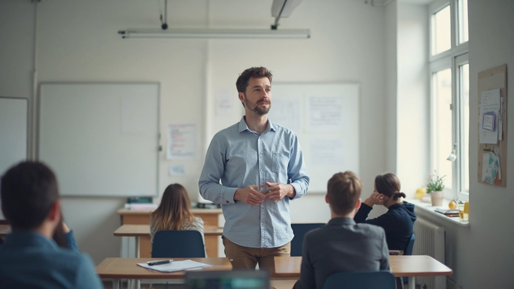 Professionele Nederlandse taaltrainer geeft les aan gemotiveerde studenten in moderne klaslokaal