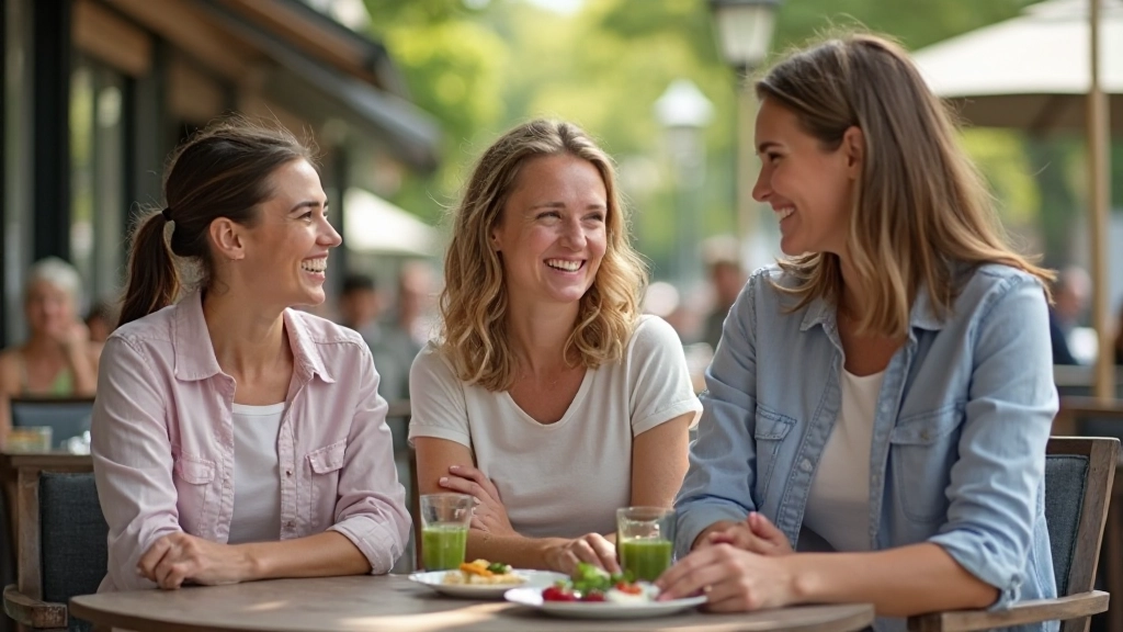 Groep vrienden zit buiten op een terras, ze lachen en spreken geanimeerd met elkaar