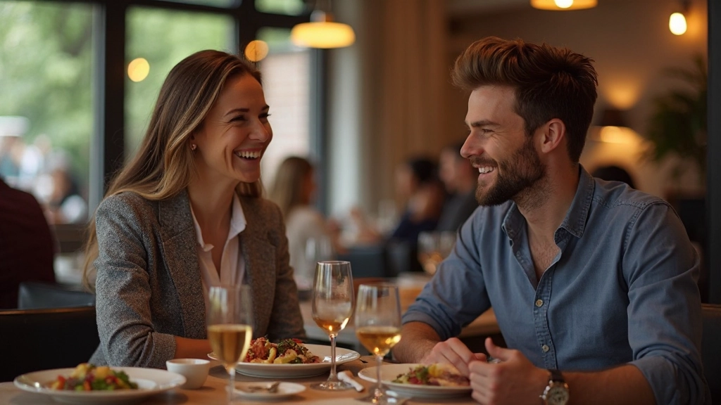 Twee vrienden zitten aan tafel in een restaurant en eten samen, ze lachen en converseren