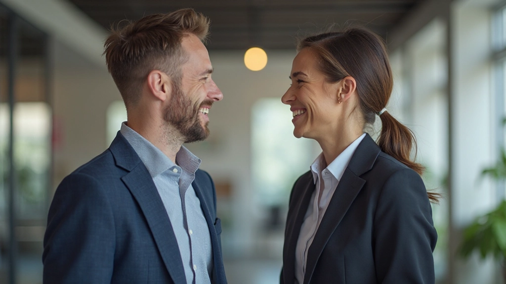 Twee collega's spreken aan het watercooler in een kantoor, ze glimlachen en converseren