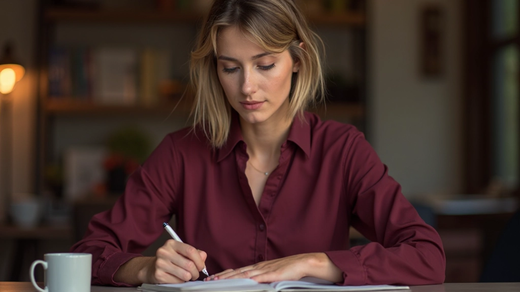 Vrouw schrijft Nederlandse zinnen in notitieboek terwijl ze oefent
