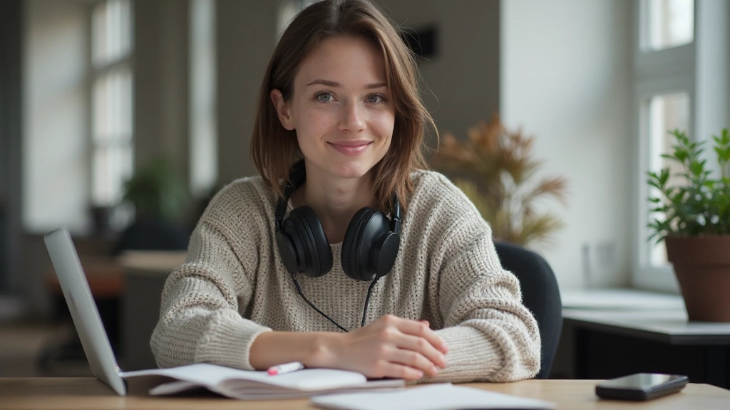 Vrouw met koptelefoon luistert naar Nederlands taalcontent terwijl ze aantekeningen maakt