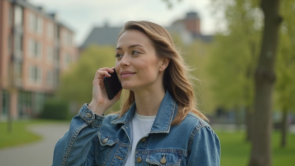 Vrouw luistert naar Nederlands via smartphone in een park in Amsterdam