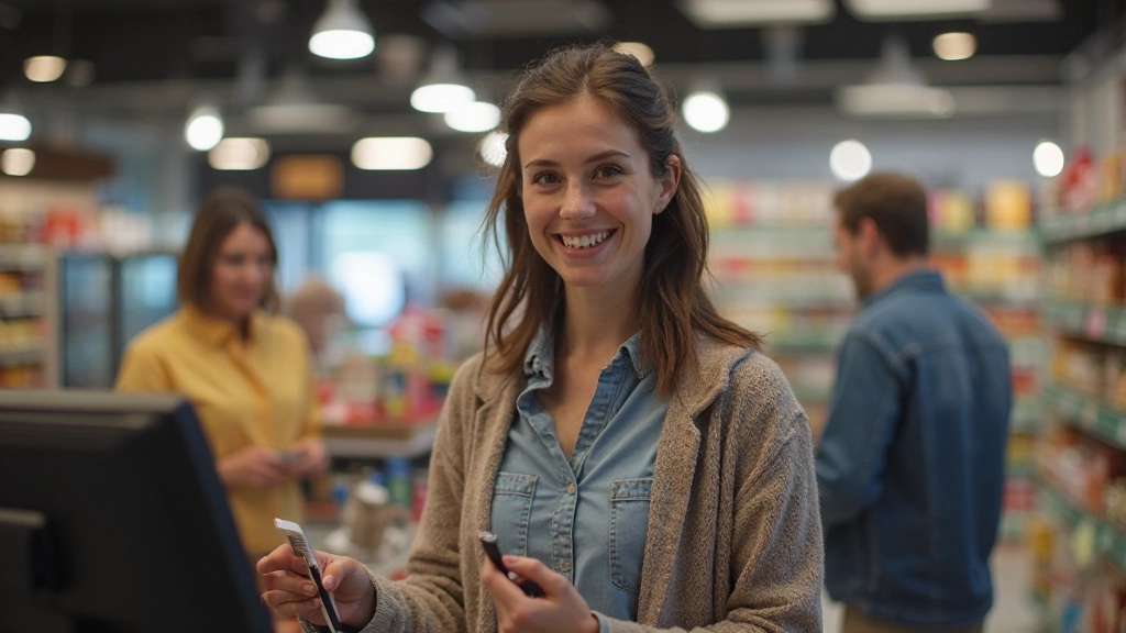 Vrouw staat aan de kassa van een supermarkt, ze spreekt vriendelijk met de kassière