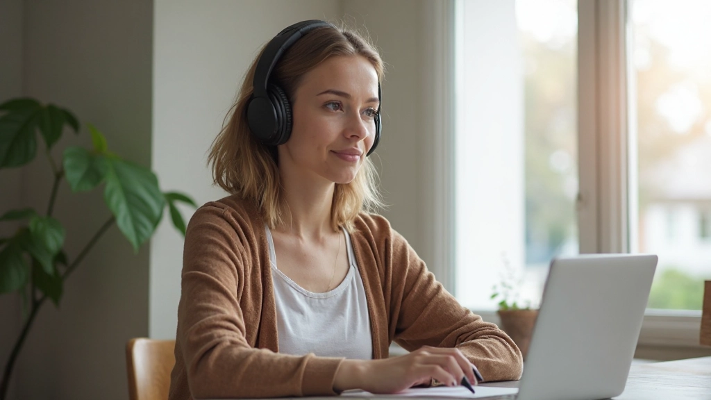 Close-up van vrouw die concentreerd luistert met koptelefoon in een studeerkamer