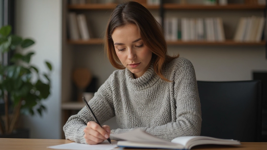 Vrouw leest Nederlandse grammatica met concentratie aan bureau