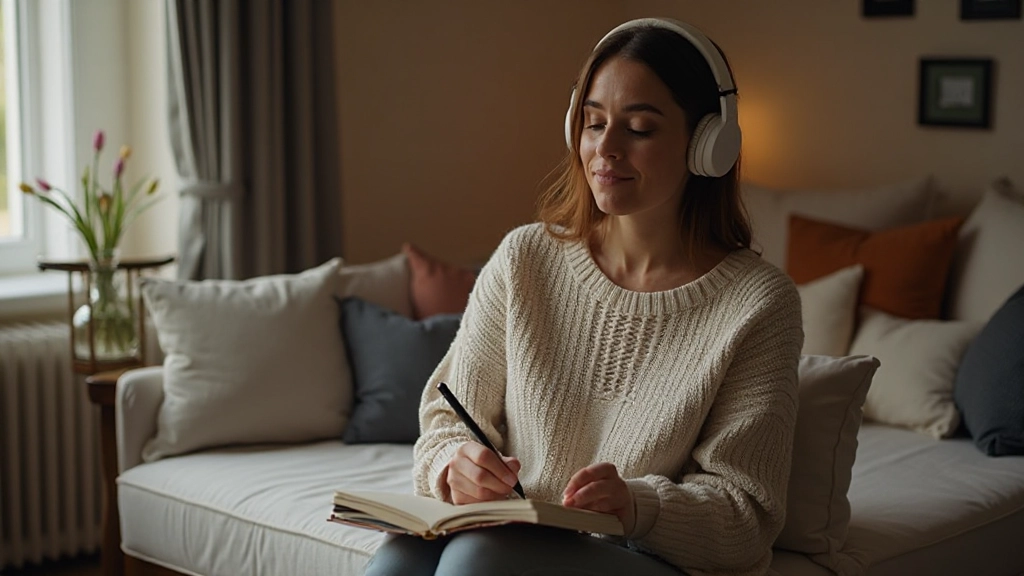 Persoon die notities maakt in een notitieboekje terwijl naar muziek luistert